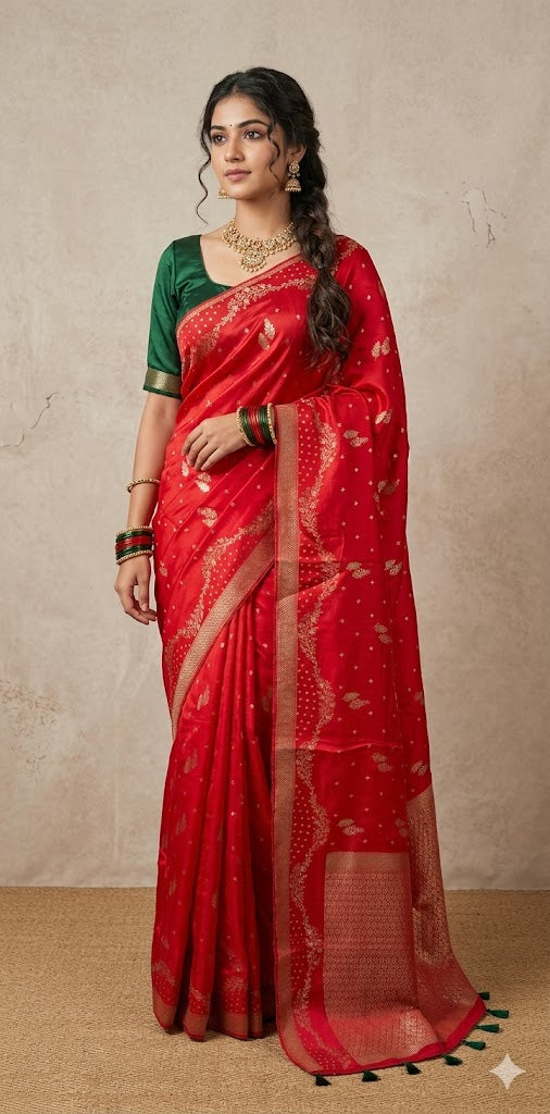 Red and green combo satin silk saree with stitched blouse