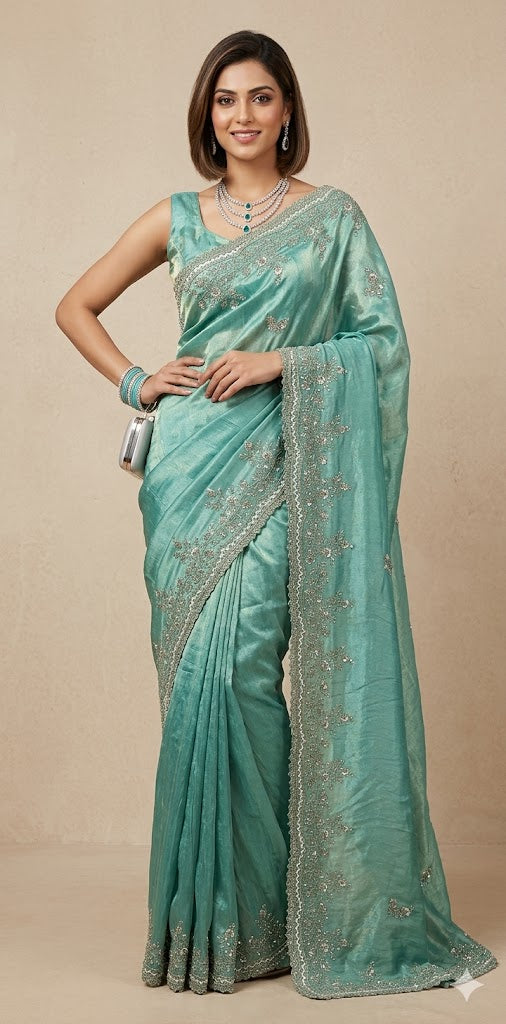 Green tissue designer saree with stitched blouse and under skirt