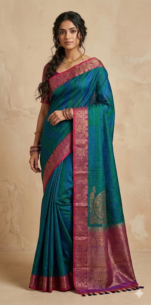 Green and blue double shared pure dupion silk saree with stitched blouse