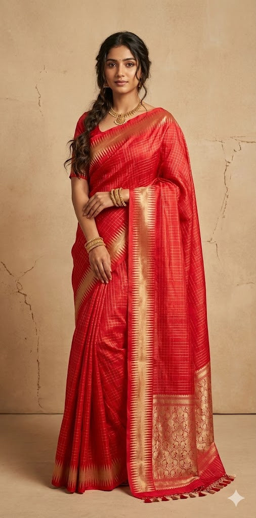 Red pure raw mango silk saree with stitched blouse