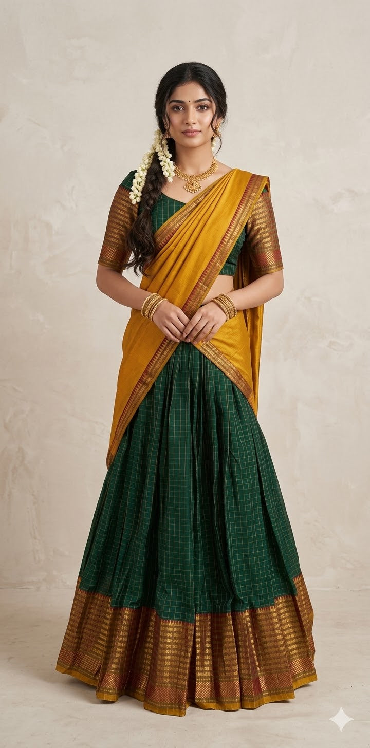 Bottle green narayenpettu cotton silk dhavani