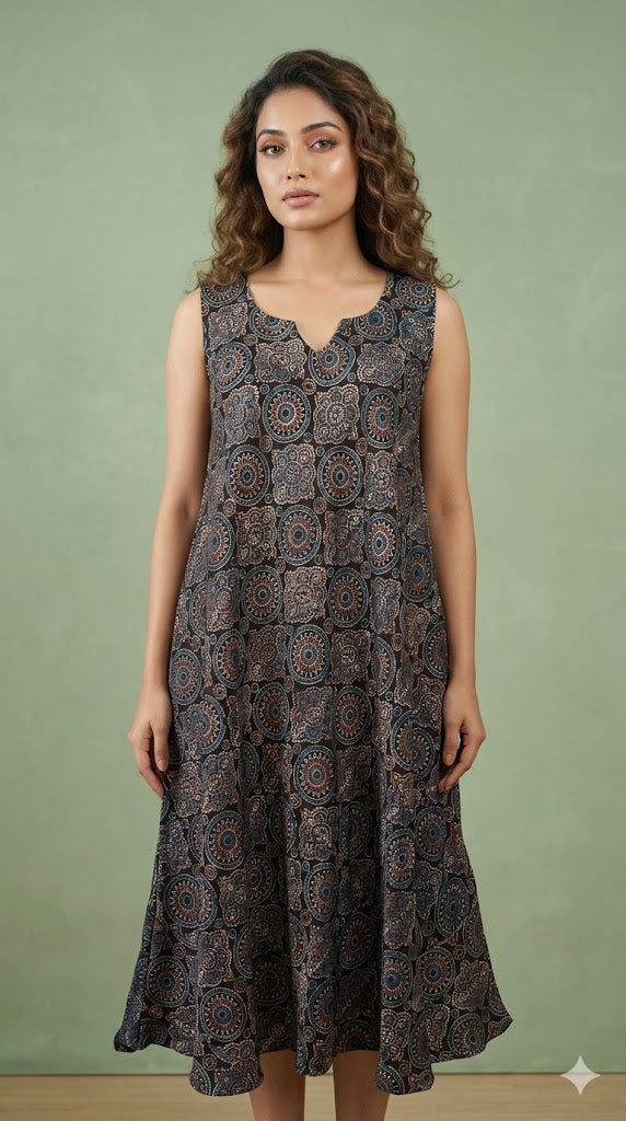 Mashru Ajrakh hand block printed a-line dress