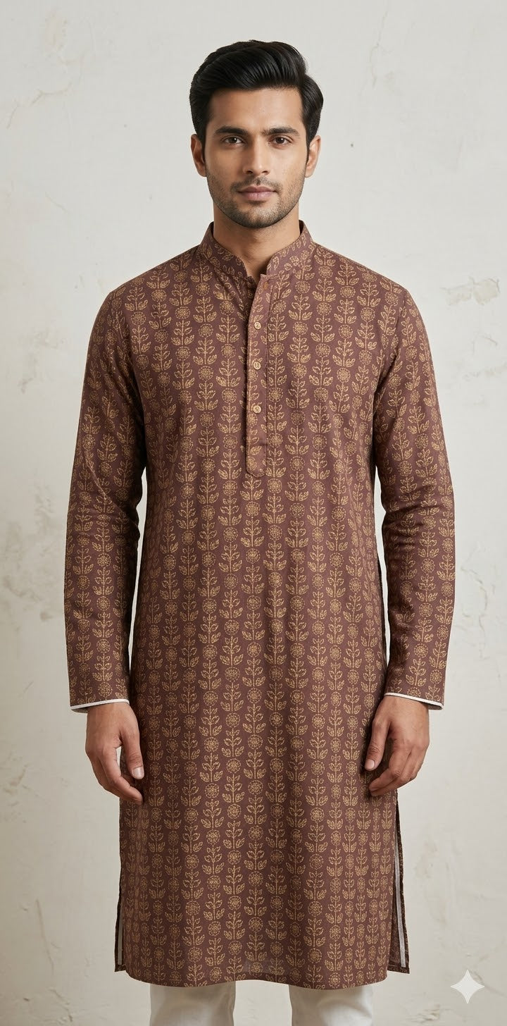 Brown printed cotton kurta