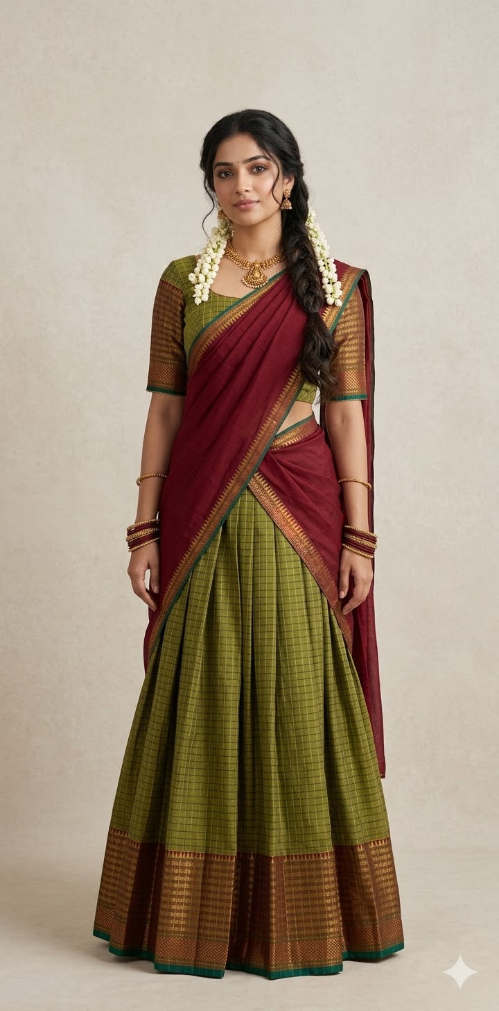 Light green narayenpettu cotton silk dhavani