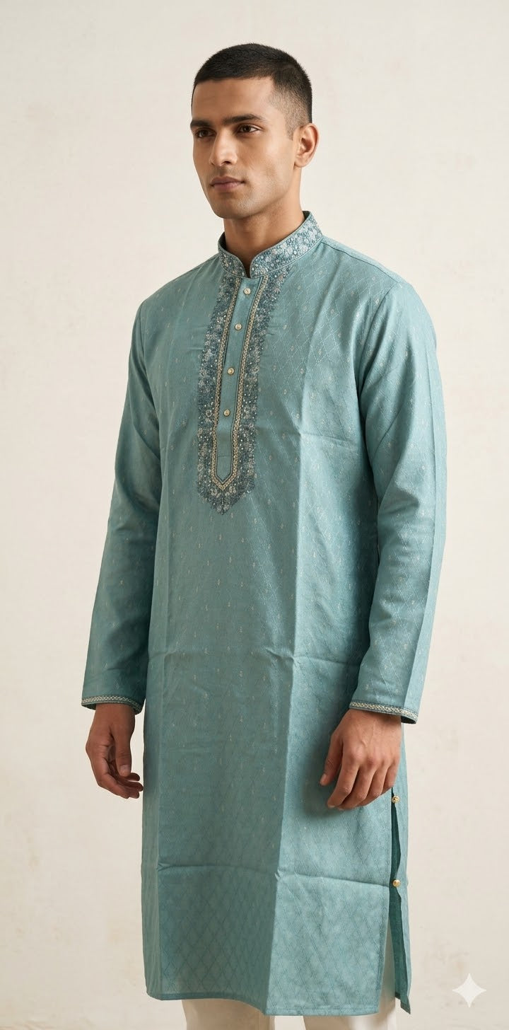 Jade green Soft silk kurta with hand work