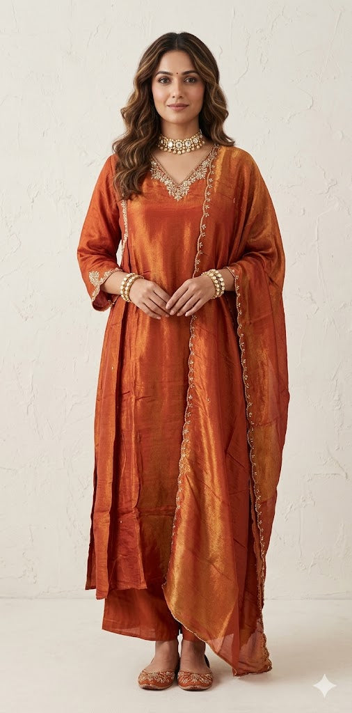 Tissue crepe silk short kurti with Palazzo and dupatta