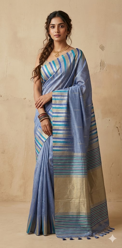 Pastel blue semi tussar silk saree with temple border, with BP