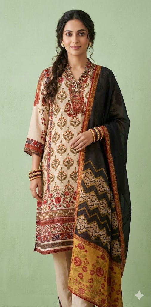 Crepe kurti with hand work , comeswith bottom and dupatta