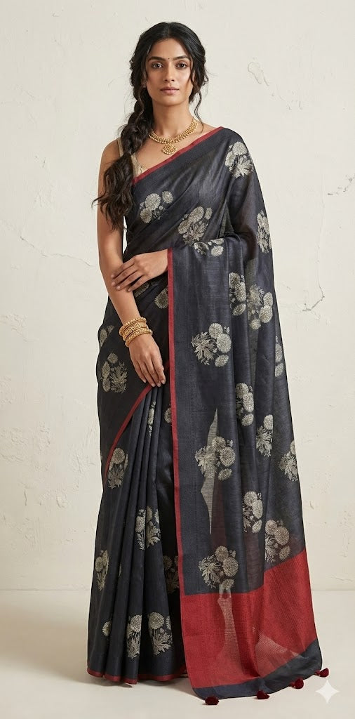 Blended tussar silk saree with stitched long blouse
