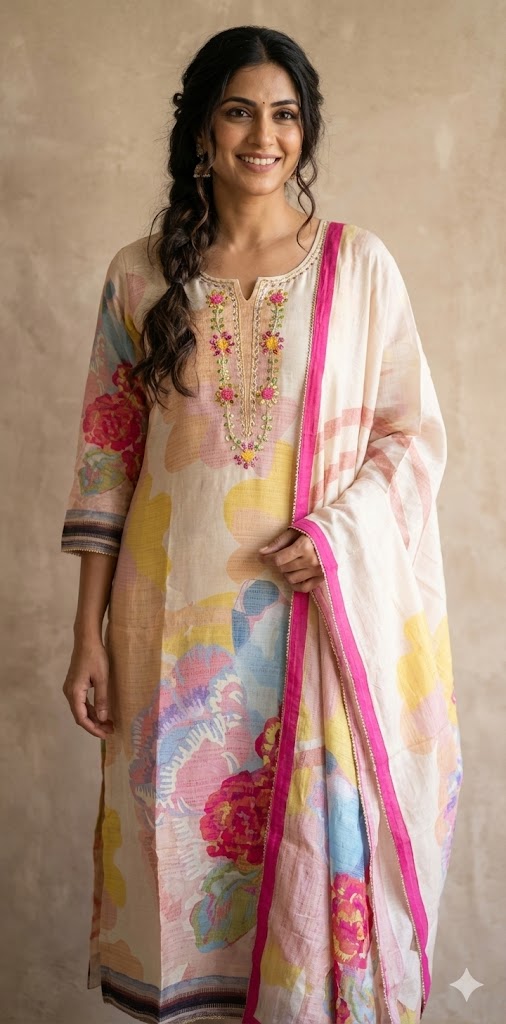Off white cotton silk kurti set with floral print