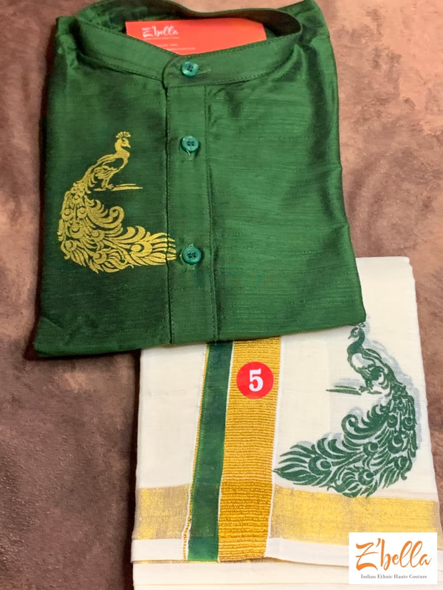 Velcro Mundu With Olive Green Silk Kurta Boy Kids Set