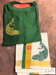 Velcro Mundu With Olive Green Silk Kurta Boy Kids Set