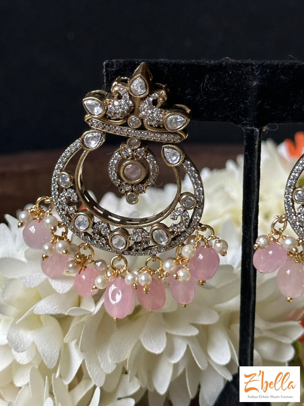 Victorian Finish Chandbali With Kundan And Light Pink Stone Earrings Gold Tone