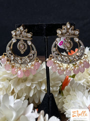 Victorian Finish Chandbali With Kundan And Light Pink Stone Earrings Gold Tone
