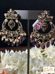 Victorian Finish Chandbali With Kundan And Purple Stone Earrings Gold Tone