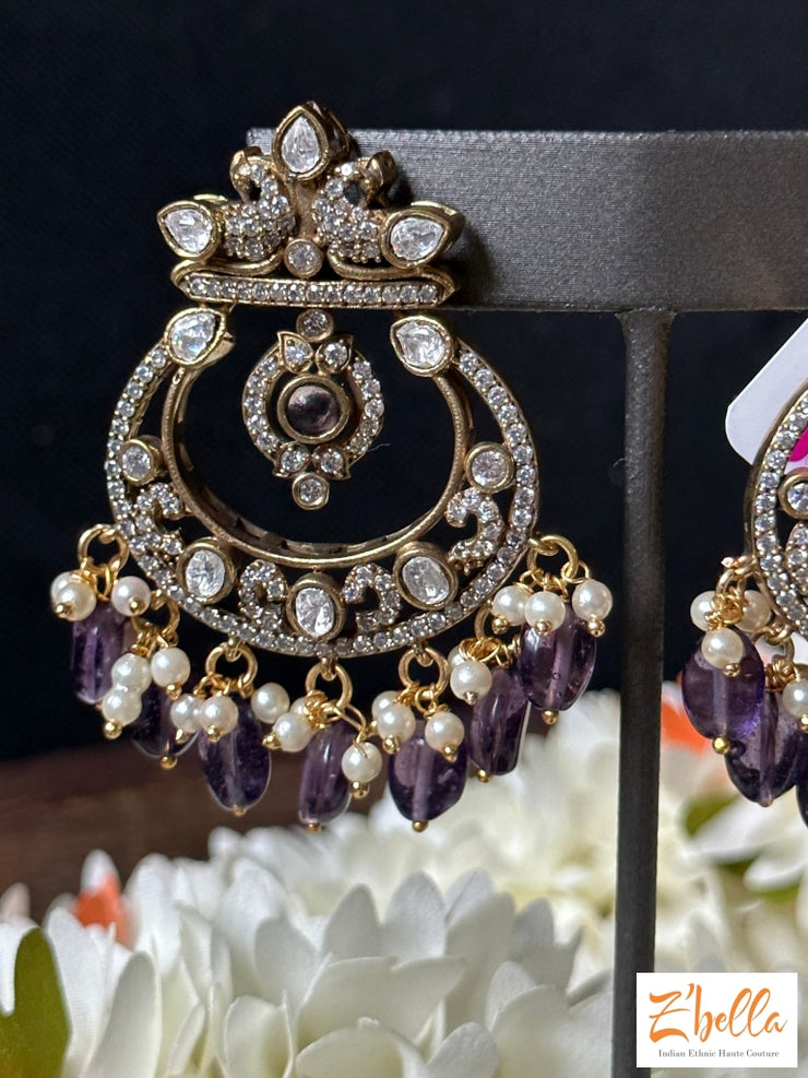 Victorian Finish Chandbali With Kundan And Purple Stone Earrings Gold Tone