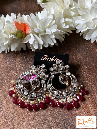 Victorian Finish Chandbali With Kundan And Ruby Red Stone Earrings Gold Tone