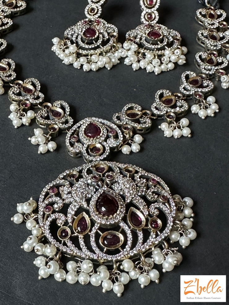 Victorian Finish Dual Tone Necklace With Earring Necklace