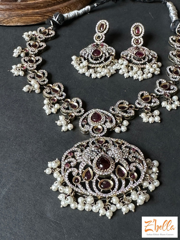 Victorian Finish Dual Tone Necklace With Earring Necklace