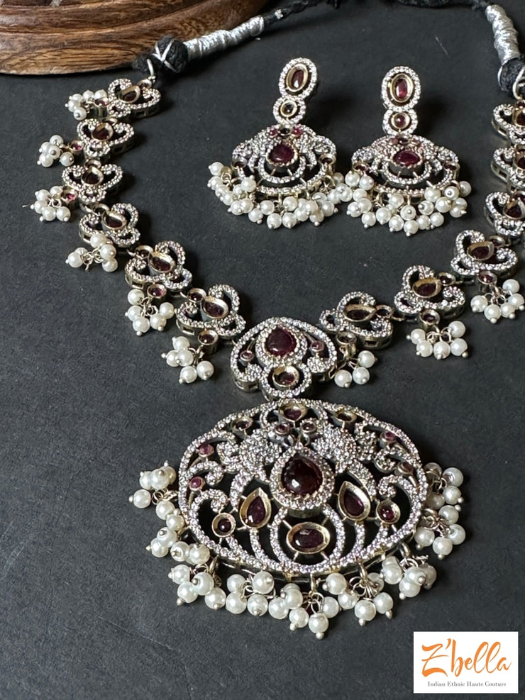 Victorian Finish Dual Tone Necklace With Earring Necklace