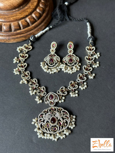 Victorian Finish Dual Tone Necklace With Earring Necklace