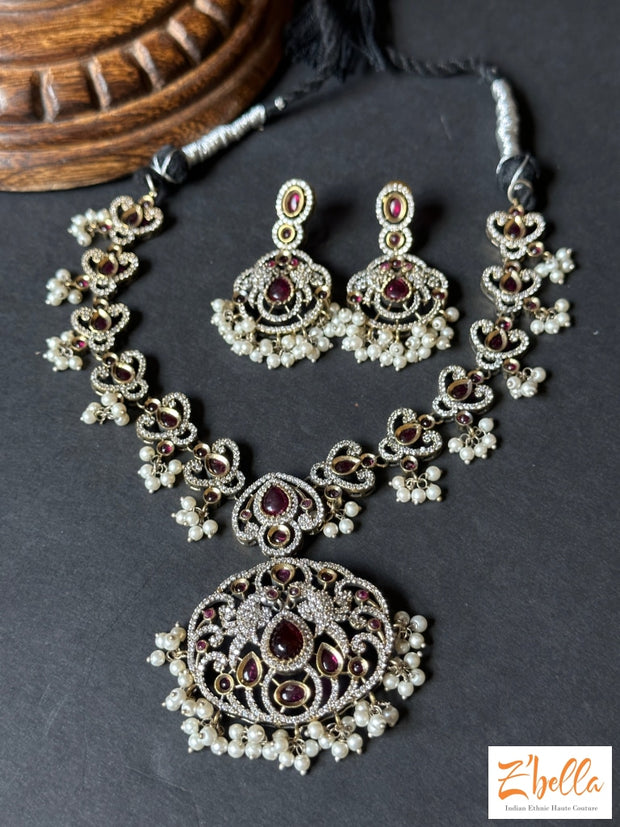Victorian Finish Dual Tone Necklace With Earring Necklace