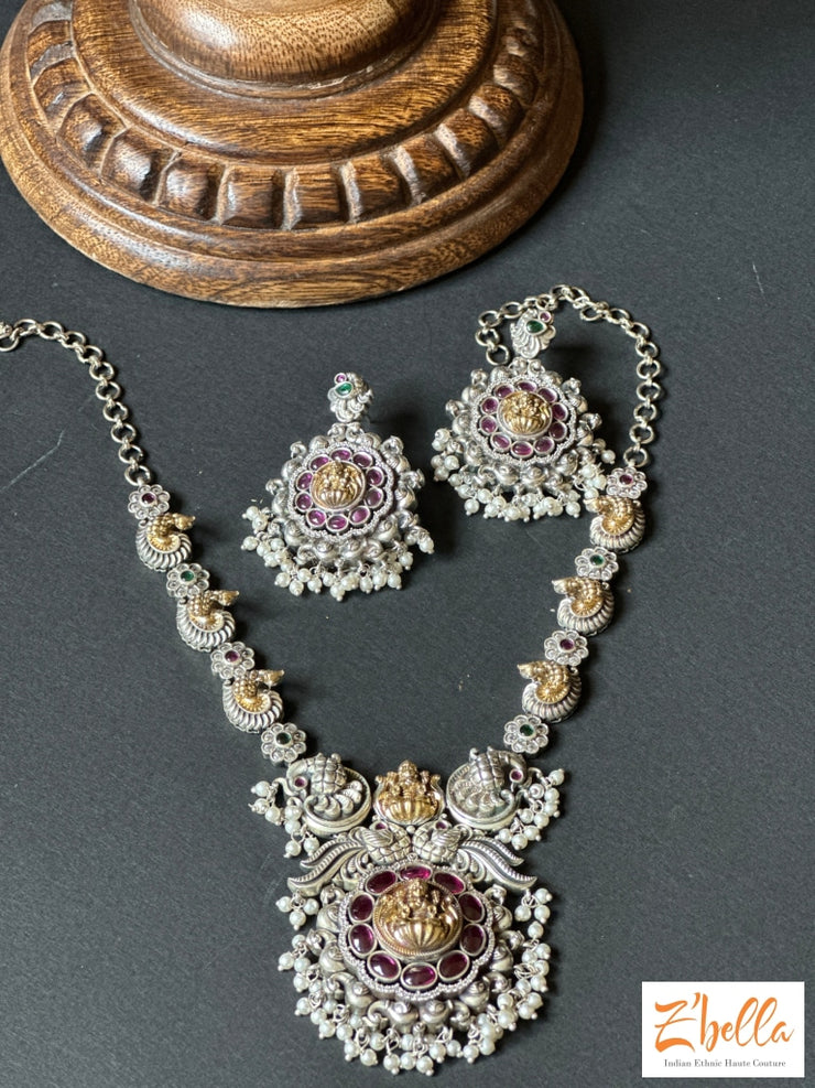 Victorian Finish Dual Tone Necklace With Kemp Stones And Earring Necklace