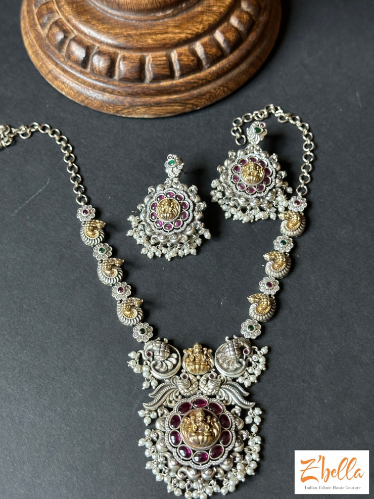 Victorian Finish Dual Tone Necklace With Kemp Stones And Earring Necklace