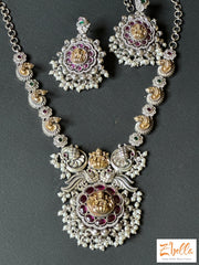 Victorian Finish Dual Tone Necklace With Kemp Stones And Earring Necklace