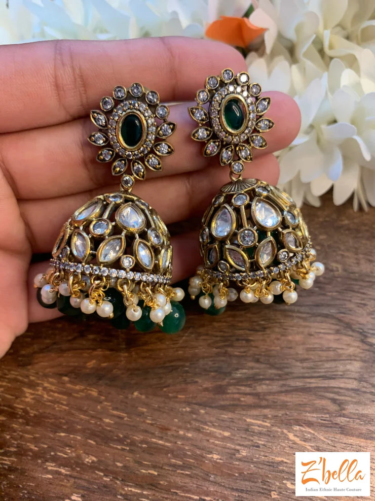 Victorian Finish Jhumka With Kundan And Green Beads Earrings Gold Tone
