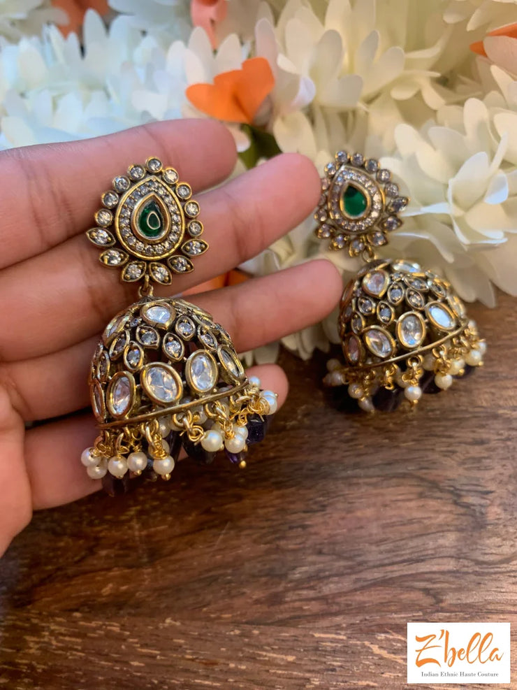Victorian Finish Jhumka With Kundan Green And Purple Beads Earrings Gold Tone