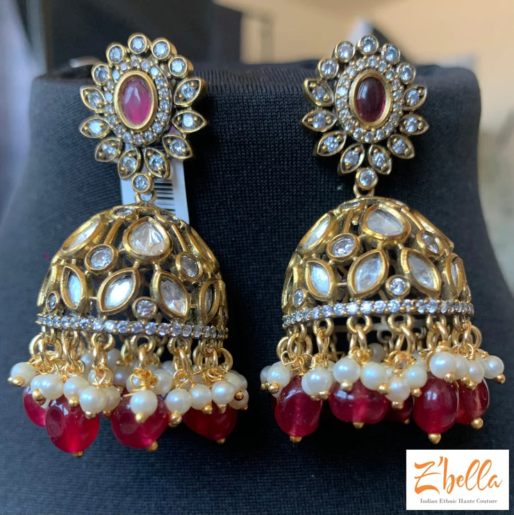 Victorian Finish Jhumka With Ruby Beads Earrings Gold Tone