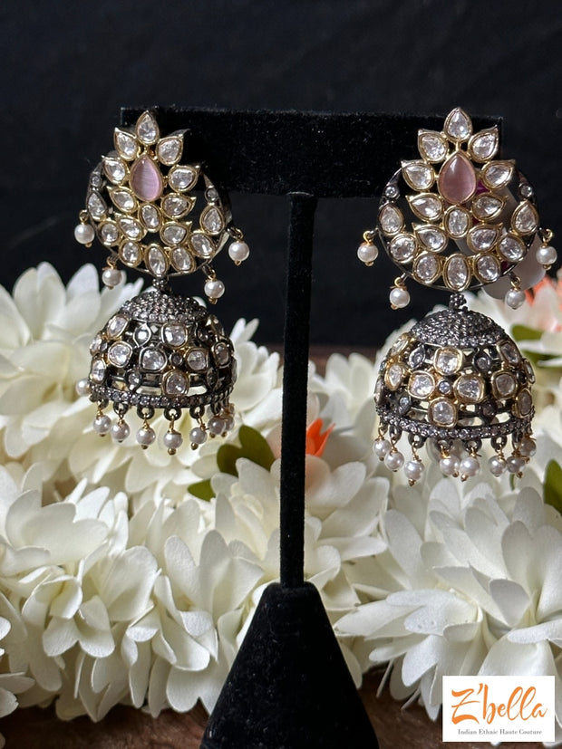 Victorian Finish Jumka With Kundan And Light Pink Stone Earrings Gold Tone