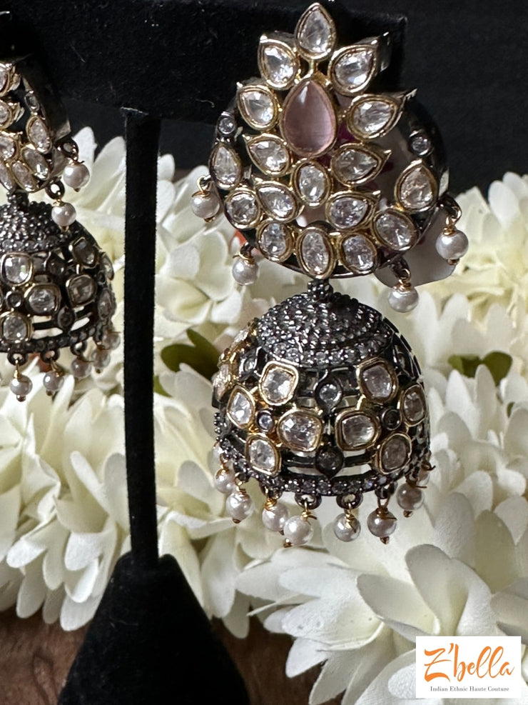 Victorian Finish Jumka With Kundan And Light Pink Stone Earrings Gold Tone