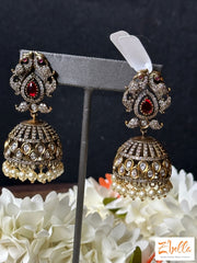 Victorian Finish Jumka With Kundan And Ruby Red Stone Earrings Gold Tone