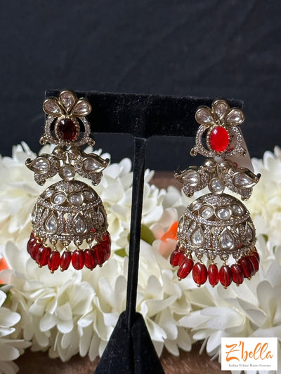 Victorian Finish Jumka With Kundan And Ruby Red Stone Earrings Gold Tone