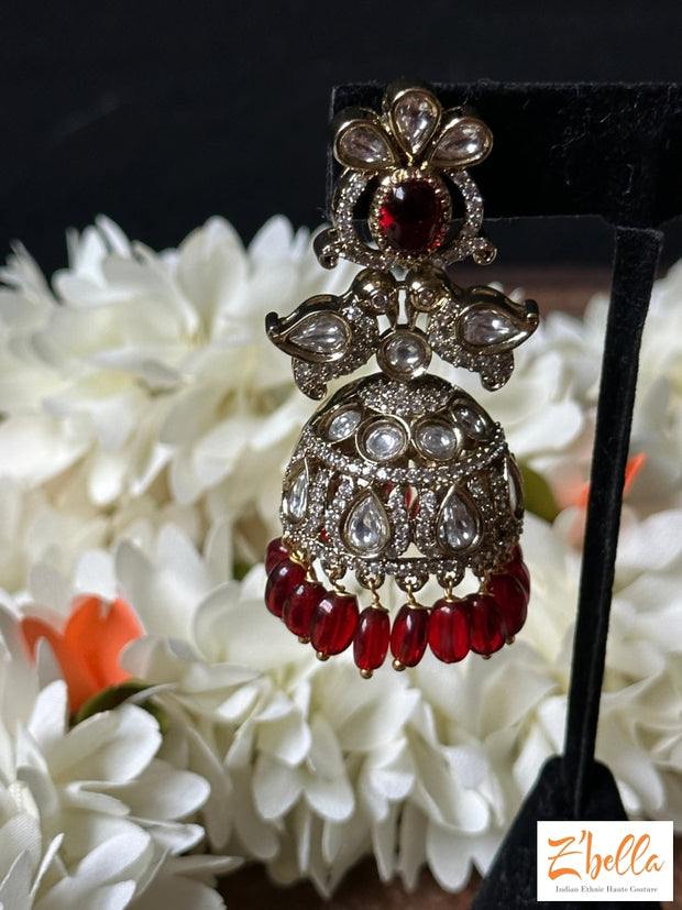 Victorian Finish Jumka With Kundan And Ruby Red Stone Earrings Gold Tone