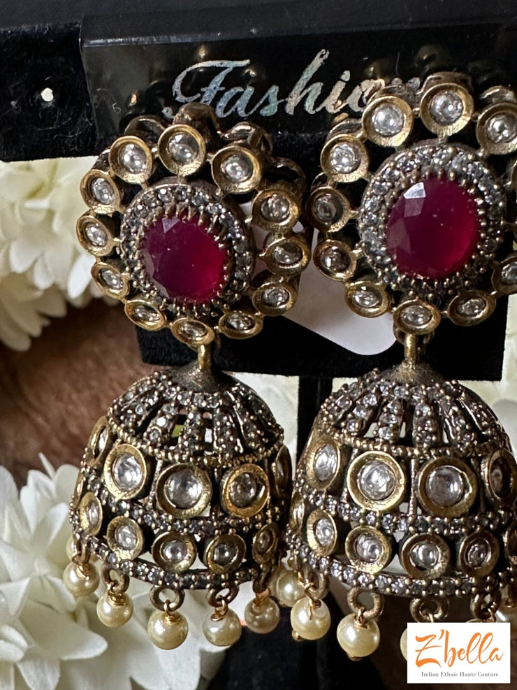 Victorian Finish Jumka With Kundan And Ruby Red Stone Earrings Gold Tone