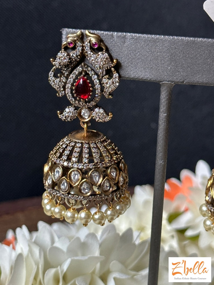 Victorian Finish Jumka With Kundan And Ruby Red Stone Earrings Gold Tone