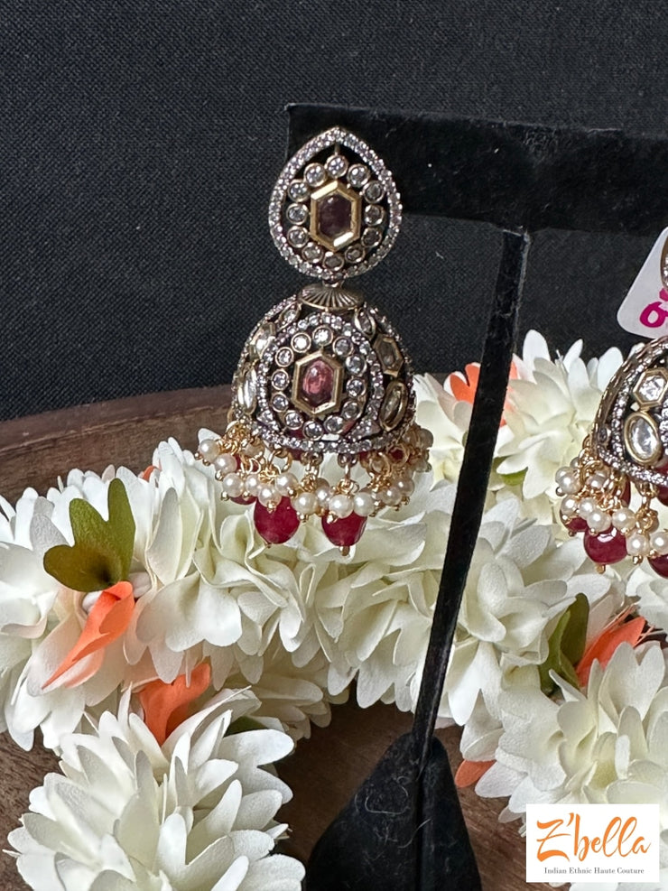 Victorian Finish Jumka With Kundan And Ruby Red Stone Earrings Gold Tone