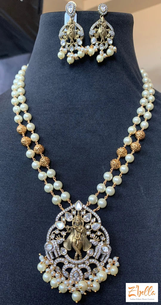 Victorian Finish Krishna Pendent With Pearl Chain Earrings Necklace