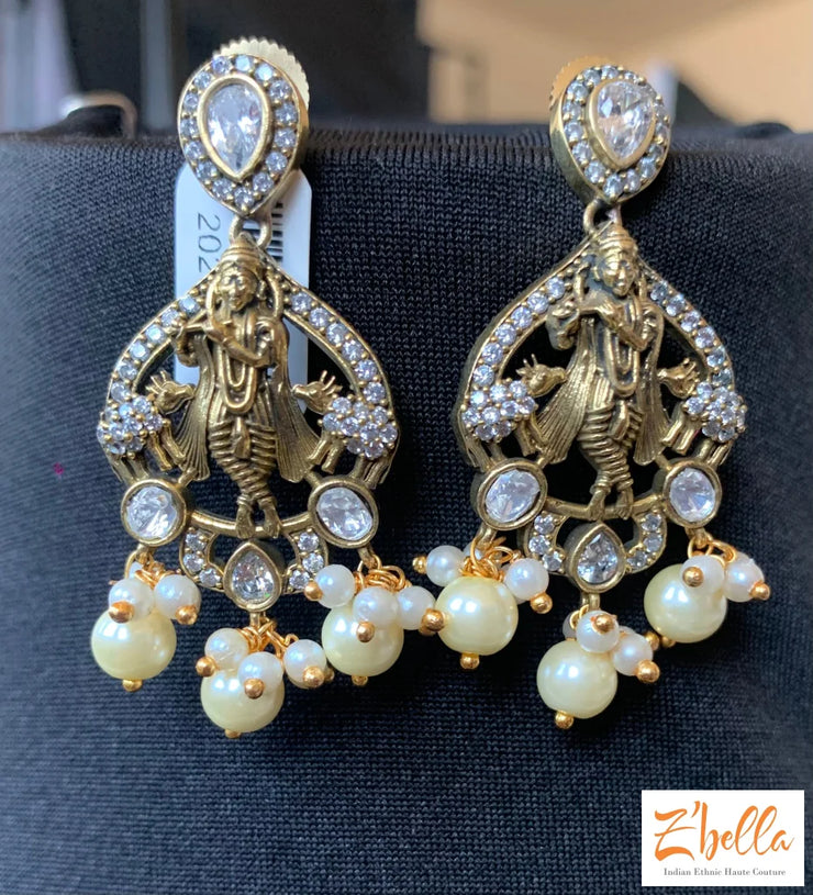 Victorian Finish Krishna Pendent With Pearl Chain Earrings Necklace