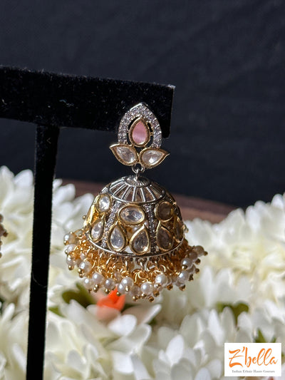 Victorian Finish Kundan Jumka With Light Pink Stone Earrings Gold Tone