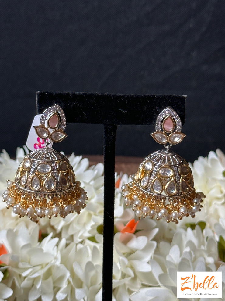 Victorian Finish Kundan Jumka With Light Pink Stone Earrings Gold Tone