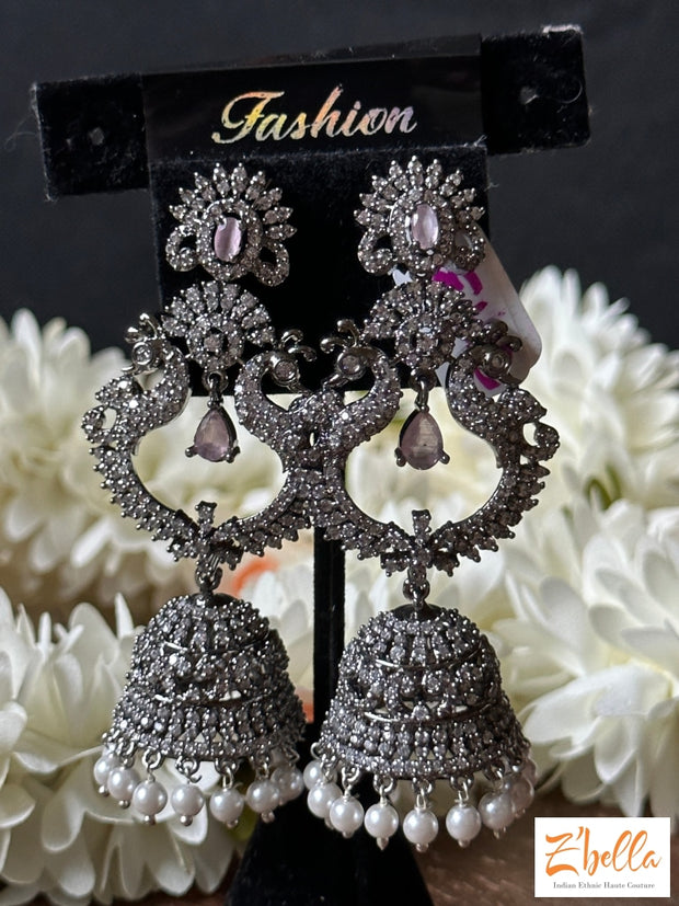 Victorian Finish Long Jhumka With Light Pink Stone Earrings Silver Tone