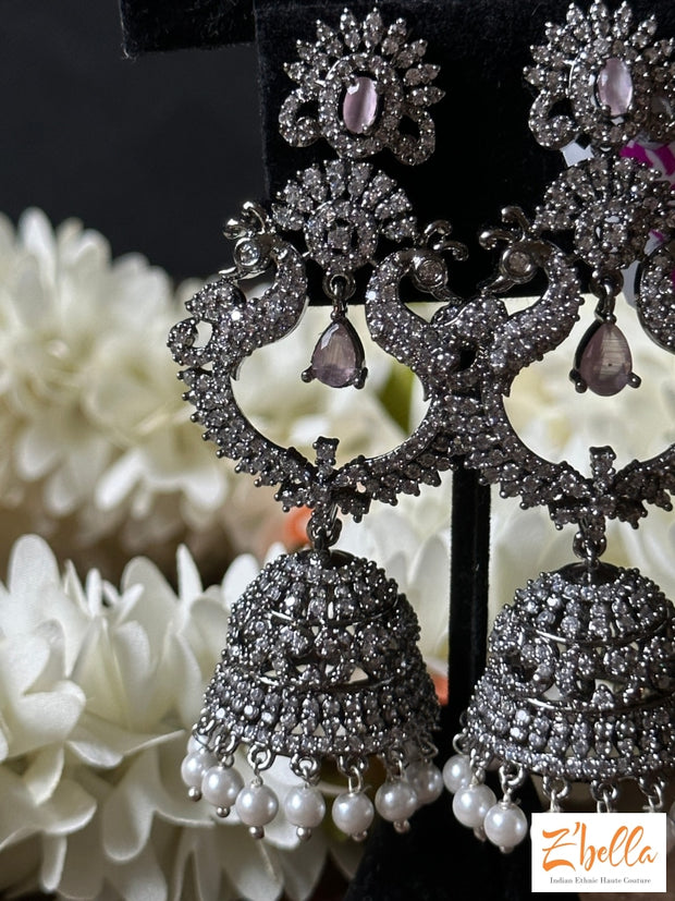 Victorian Finish Long Jhumka With Light Pink Stone Earrings Silver Tone