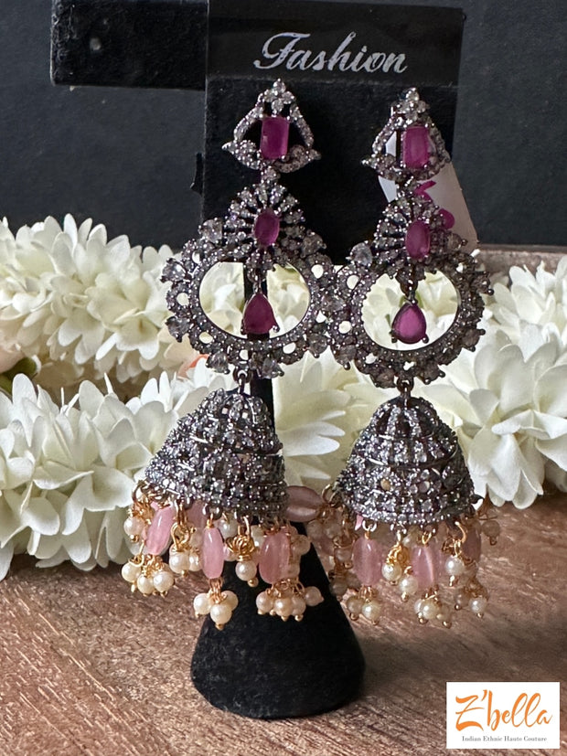 Victorian Finish Long Jhumka With Ruby Red And Pink Stone Earrings Silver Tone