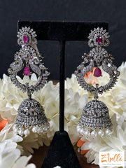 Victorian Finish Long Jhumka With Ruby Red Stone Earrings Silver Tone
