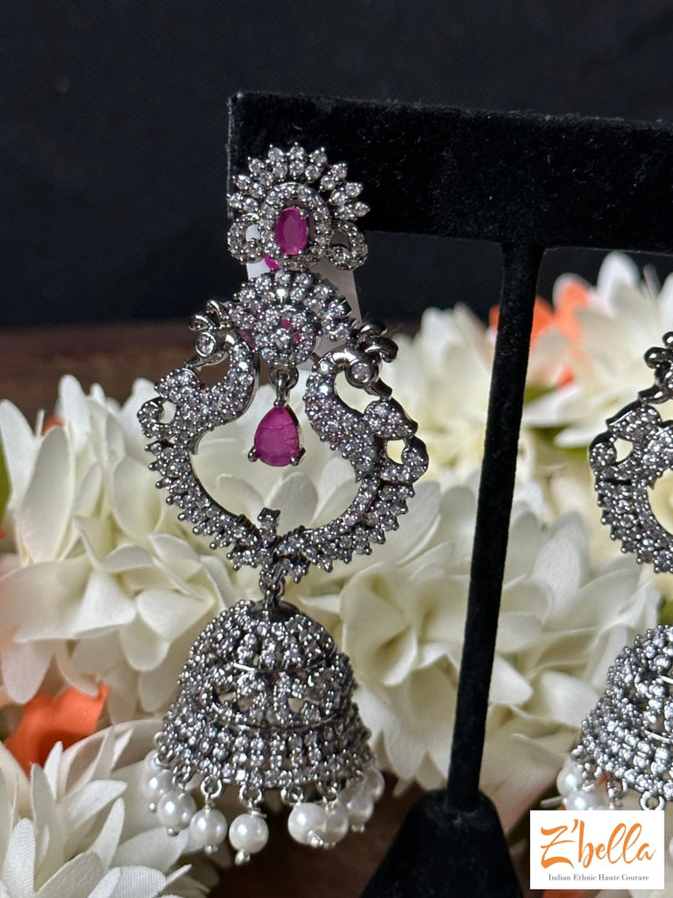 Victorian Finish Long Jhumka With Ruby Red Stone Earrings Silver Tone