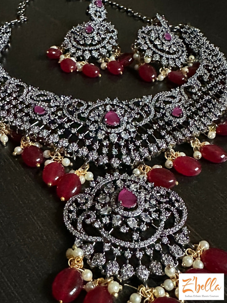 Victorian Finish Necklace With Ruby Color Beads Necklace